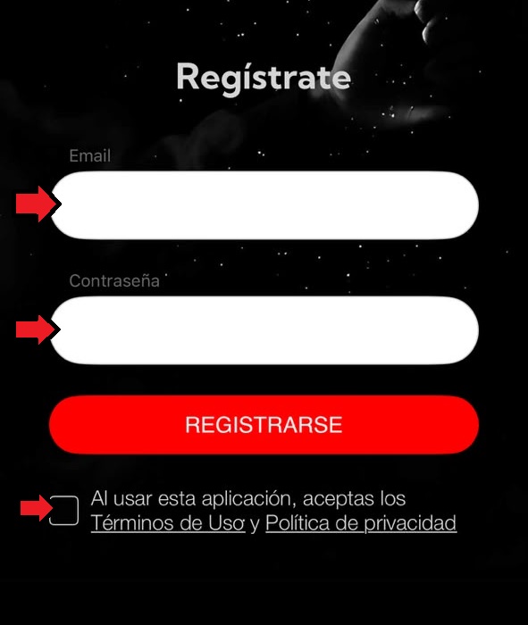 Formulario de registro con email, contraseña y términos